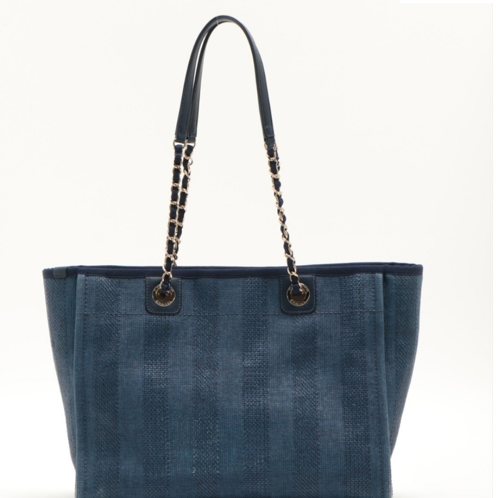 Chanel Mixed Fibers Striped Small Deauville Tote Navy Blue - Picture 2 of 16